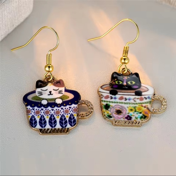 Cute Cat in Teacup Earrings | Anthropologie Inspired Whimsical Jewelry - Picture 2 of 6